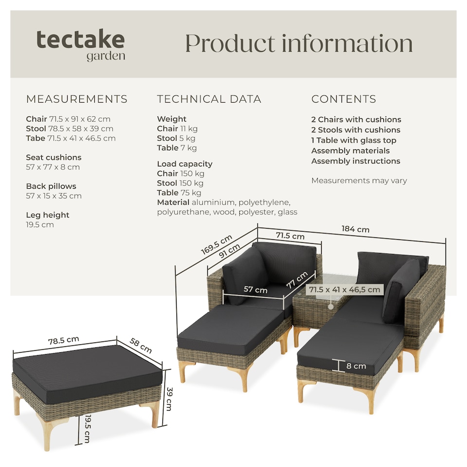 image 1 of Garden Furniture Set Bellaria - 2 armchairs, 2 stools, side table, thick seat cushions | Cream | nature | 169,50 x 204 x 74 cm | 1