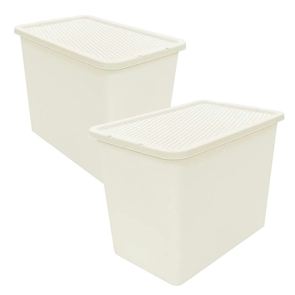 image 1 of 3 x 80L Cream Rattan Design Large Strong Spacious Home Office Containers With Lids Cream