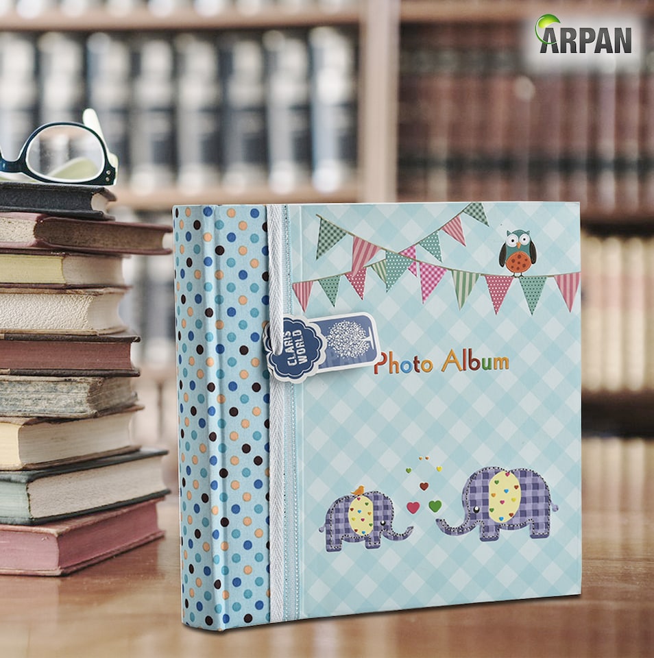 image 1 of ARPAN Slip In Memo Baby Photo Album – Holds 200 Photos 4x6" (10x15cm) – Elephant Design with Index Pages & CD/DVD Pocket