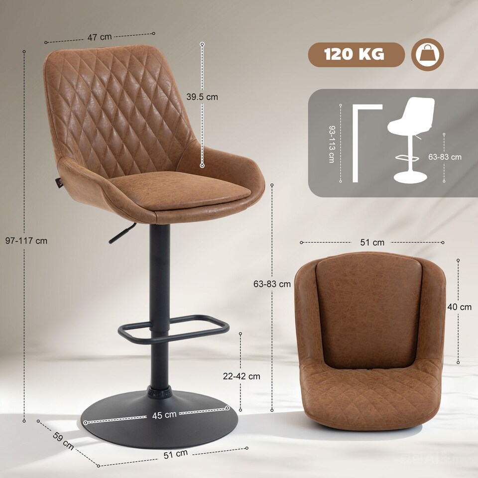 image 1 of HOMCOM Breakfast Bar Stools Set of 2 with 51x40cm Wide Seat, Height Adjustable Kitchen Counter Chairs, Retro Swivel Upholstered Barstools with Back, Footrest and Steel Base, Orange | Orange | Orange