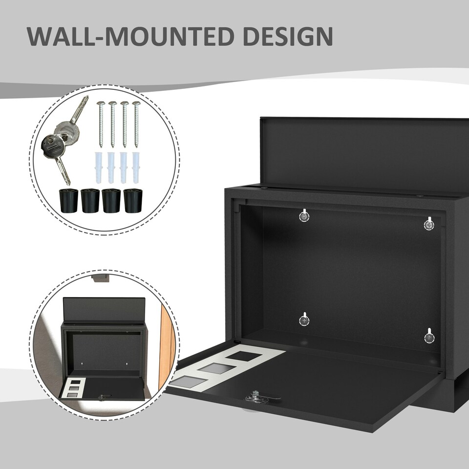 image 1 of HOMCOM Wall Mounted Letterbox Mailbox with Windows and Keys Easy to Install Black