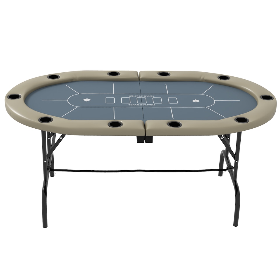 image 1 of SPORTNOW 8 Player Folding Poker Table, Oval Portable Blackjack Casino Table with Cup Holders, Cushioning Edge, Brown and Blue