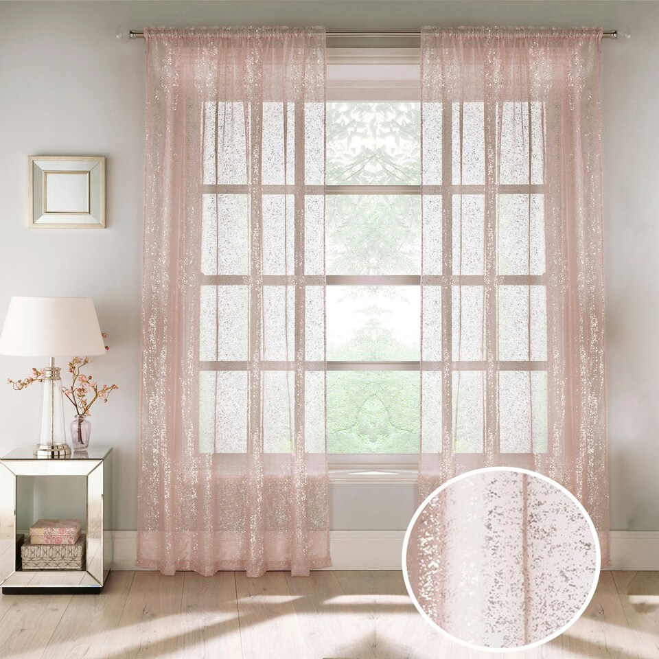 image 1 of Pair of Pandora Blush Metallic Print Voile Panels 122 cm (48 inch) Rod Pocket Panels for Bedroom and Living Room