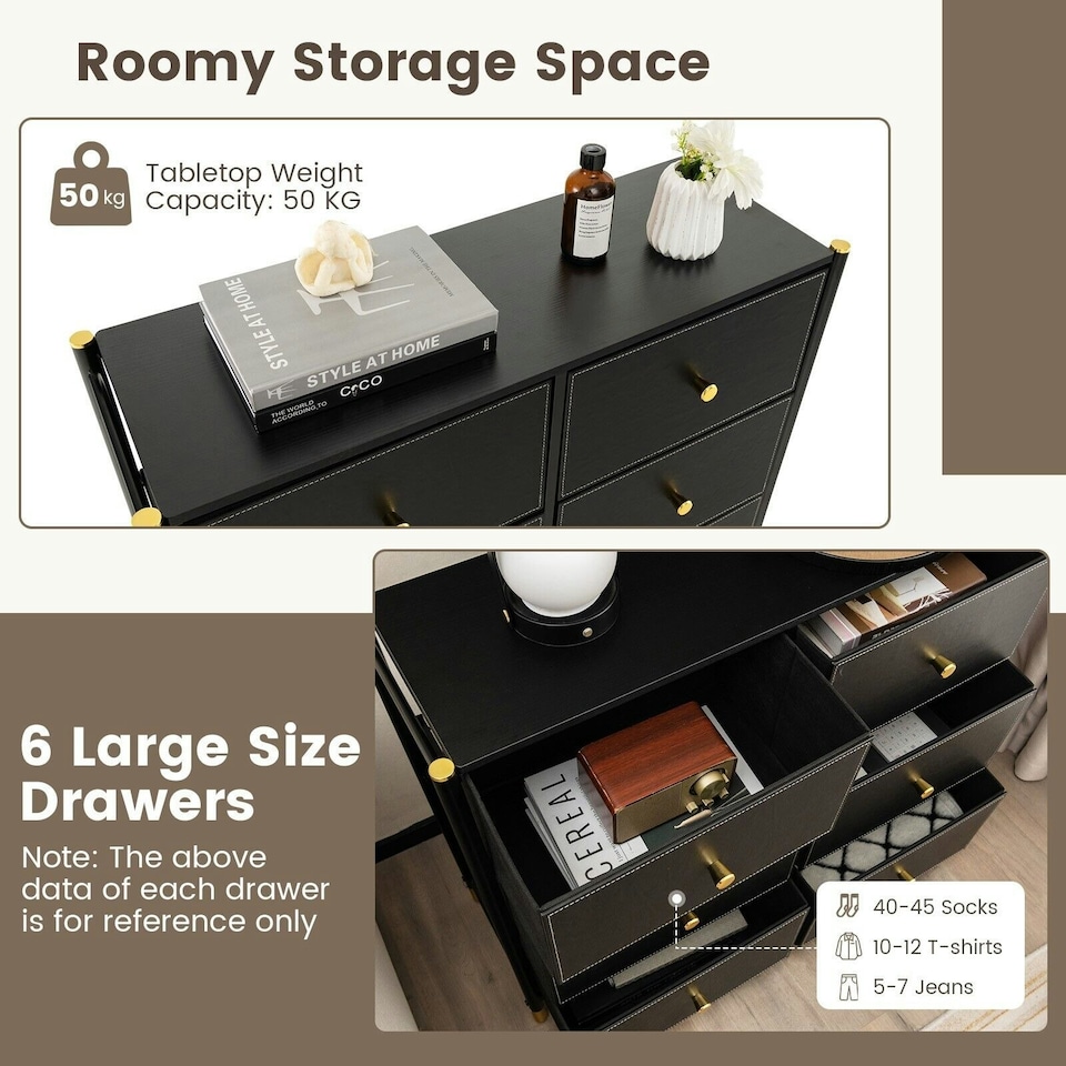 image 1 of COSTWAY 6 Drawers Dresser Organizer Chest of Drawers Black
