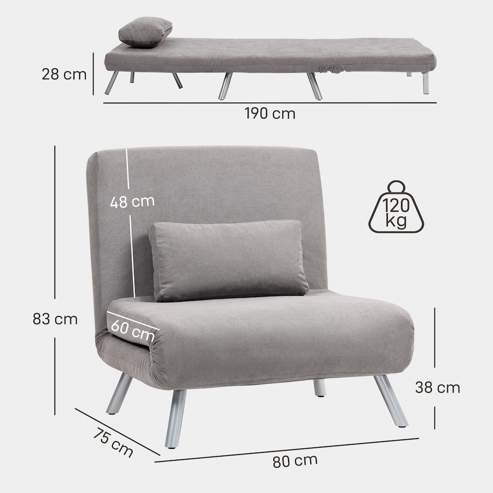 image 1 of HOMCOM Single Chair Bed, 3-in-1 Click Clack Convertible Bed Settee with Adjustable Backrest, Snow Flannel Upholstered Lounge Couch with Pillow for Living Room, Bedroom, Home Office, Small Space, Grey