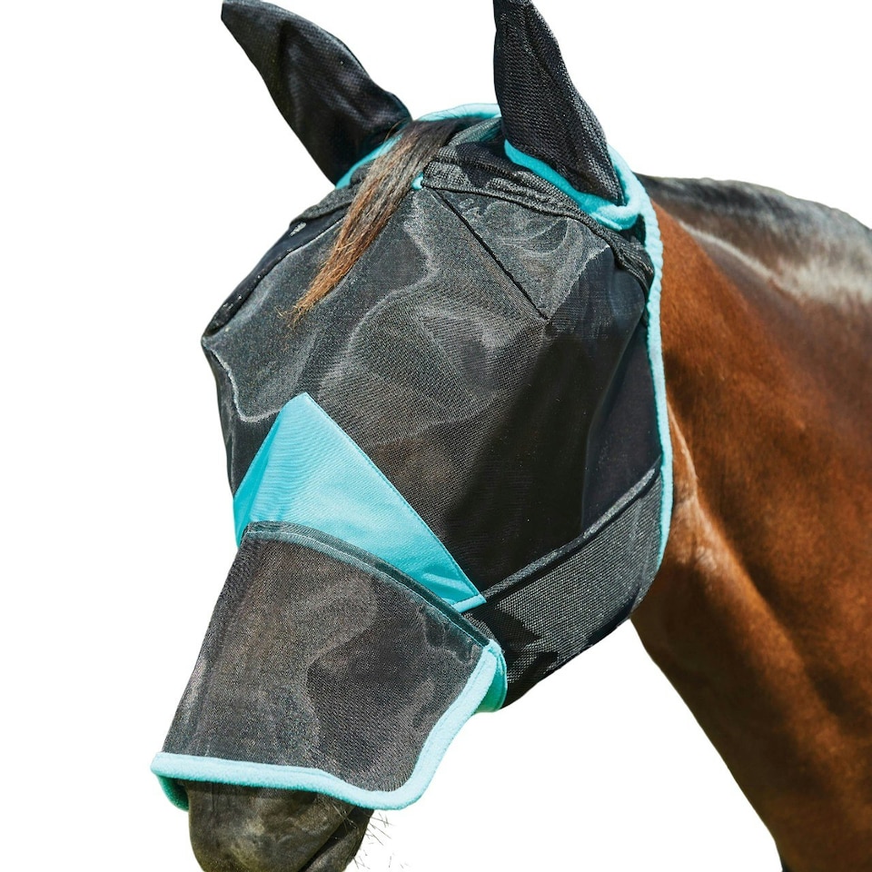Weatherbeeta Comfitec Deluxe Fine Mesh Horse Fly Mask With Ears & Nose - Black/Turquoise - Small Pony