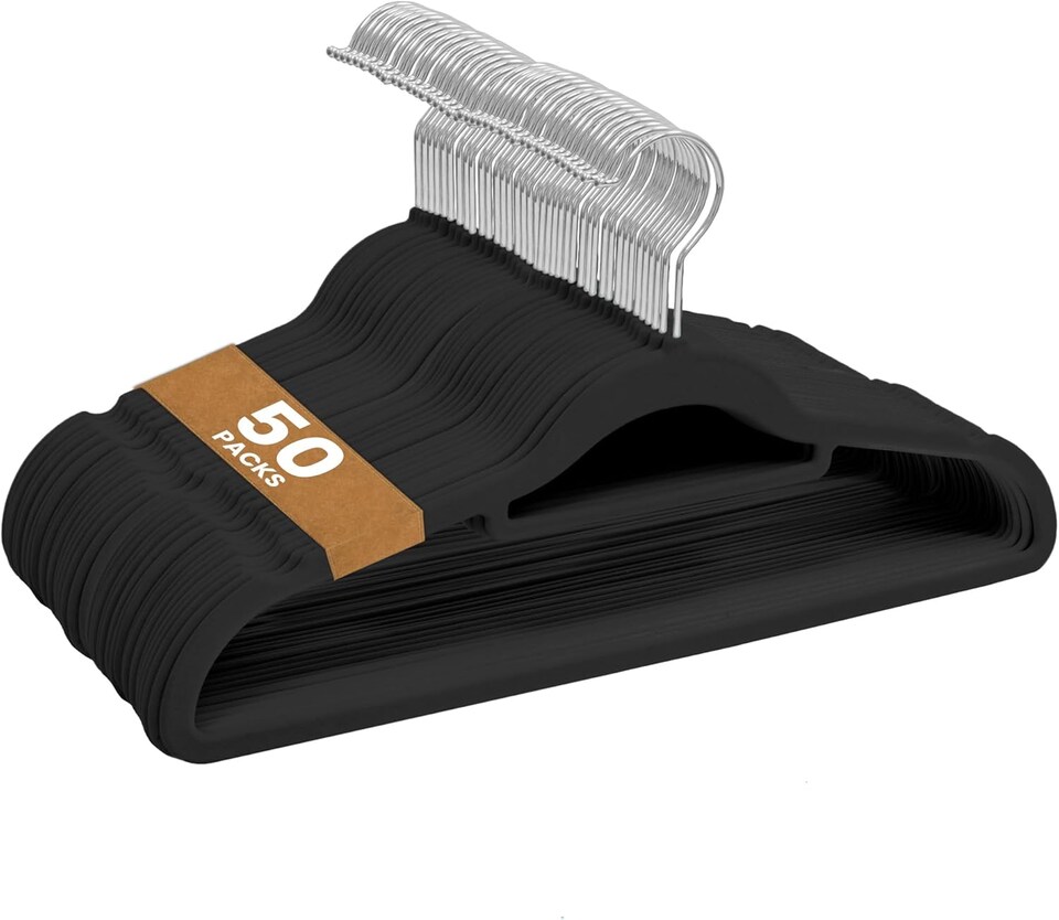 image 1 of Sasha Morel 50-Pack Black Velvet Coat Hangers, Non-Slip Space-Saving Clothes Hangers