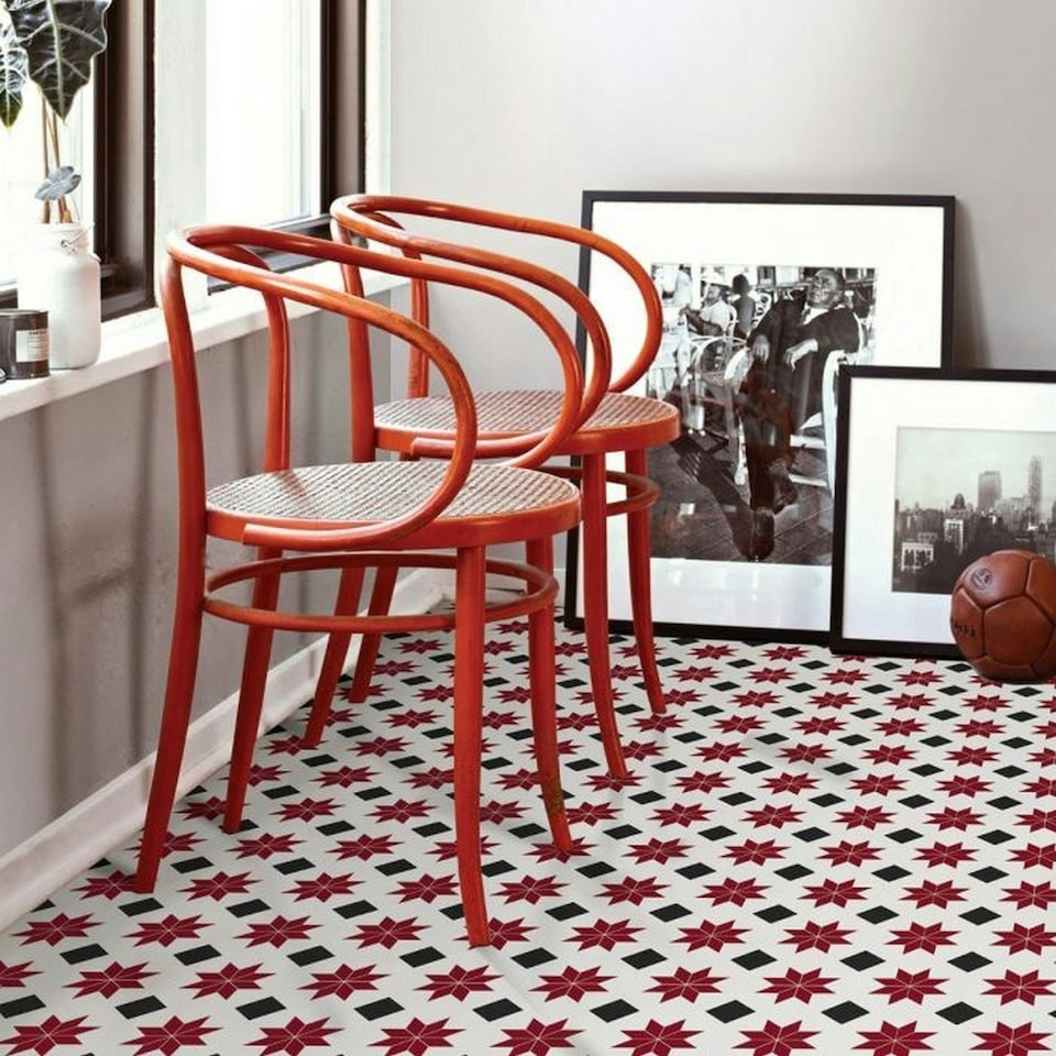 image 1 of Fine Decor Floorpops Floor Tiles (Pack of 10) - Black/White/Red - One Size Black | One Size