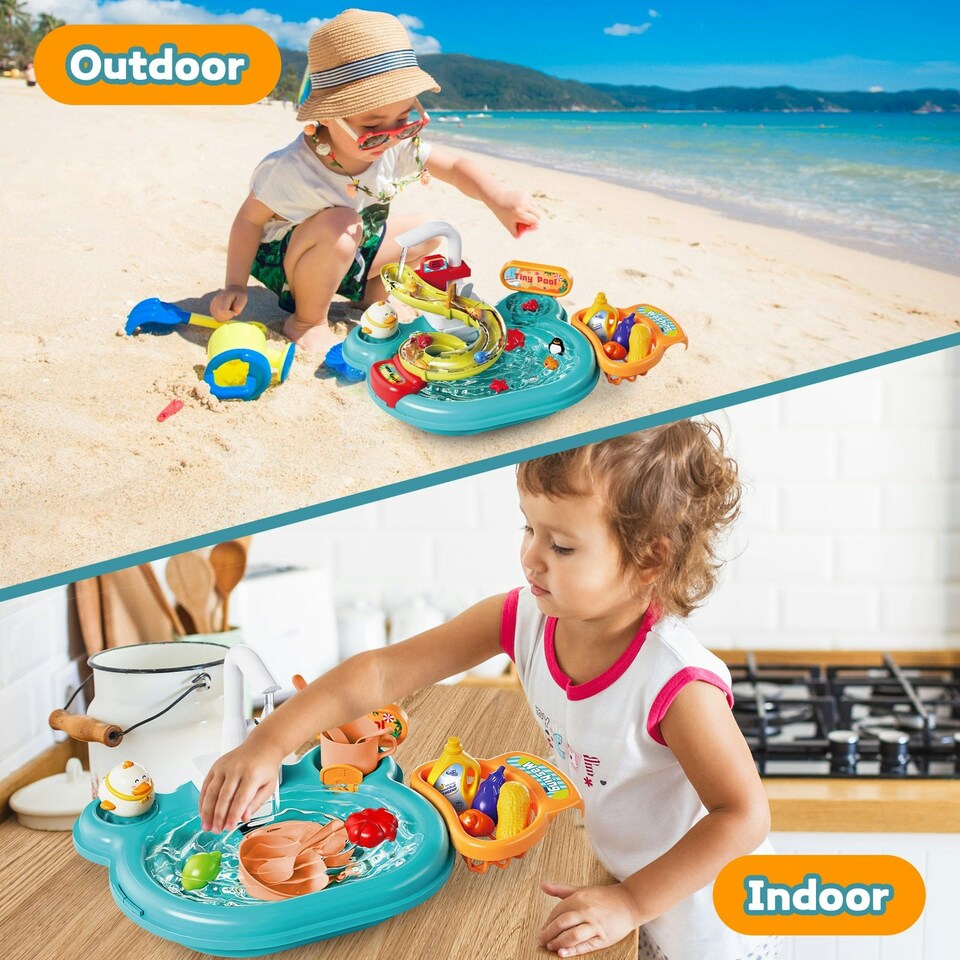 image 1 of Kids Water Play Sink with Fishing Game, Slide, and Accessories
