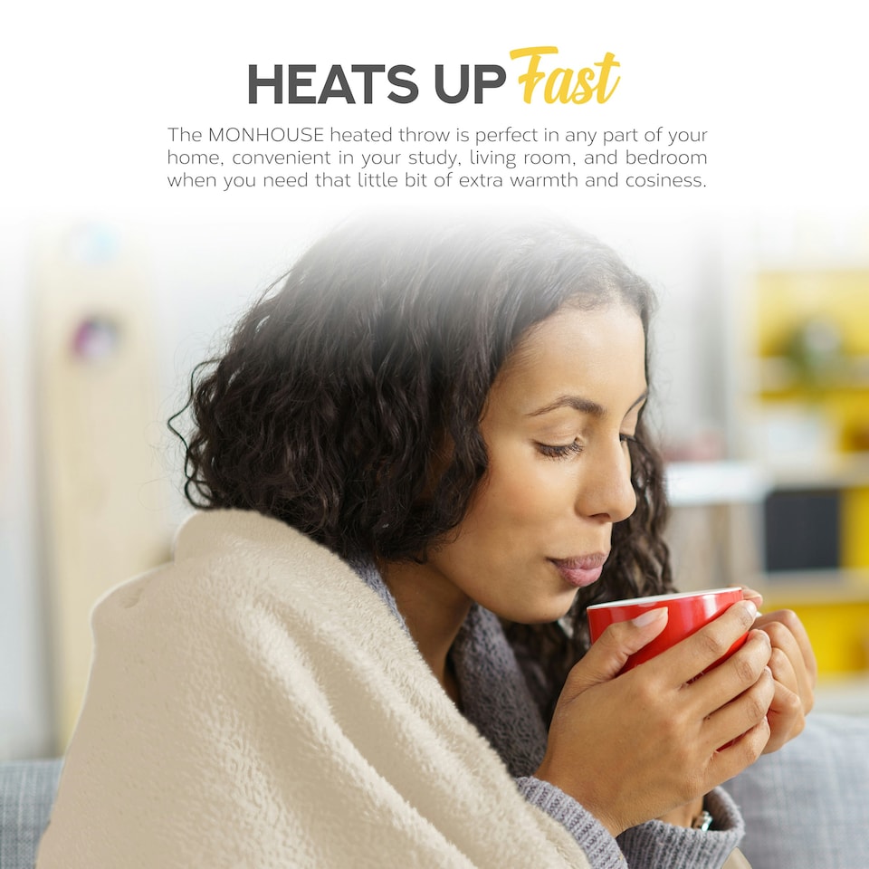 image 1 of MONHOUSE Heated Throw - Single Electric Blanket - 130 x 160 cm - Digital Controller - 9H Timer, 9 Heat Settings, Auto Shutoff