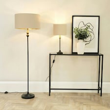 ValueLights Maggie Black Metal Candlestick Floor Lamp with Beige and Metallic Gold Shade and LED Bulb