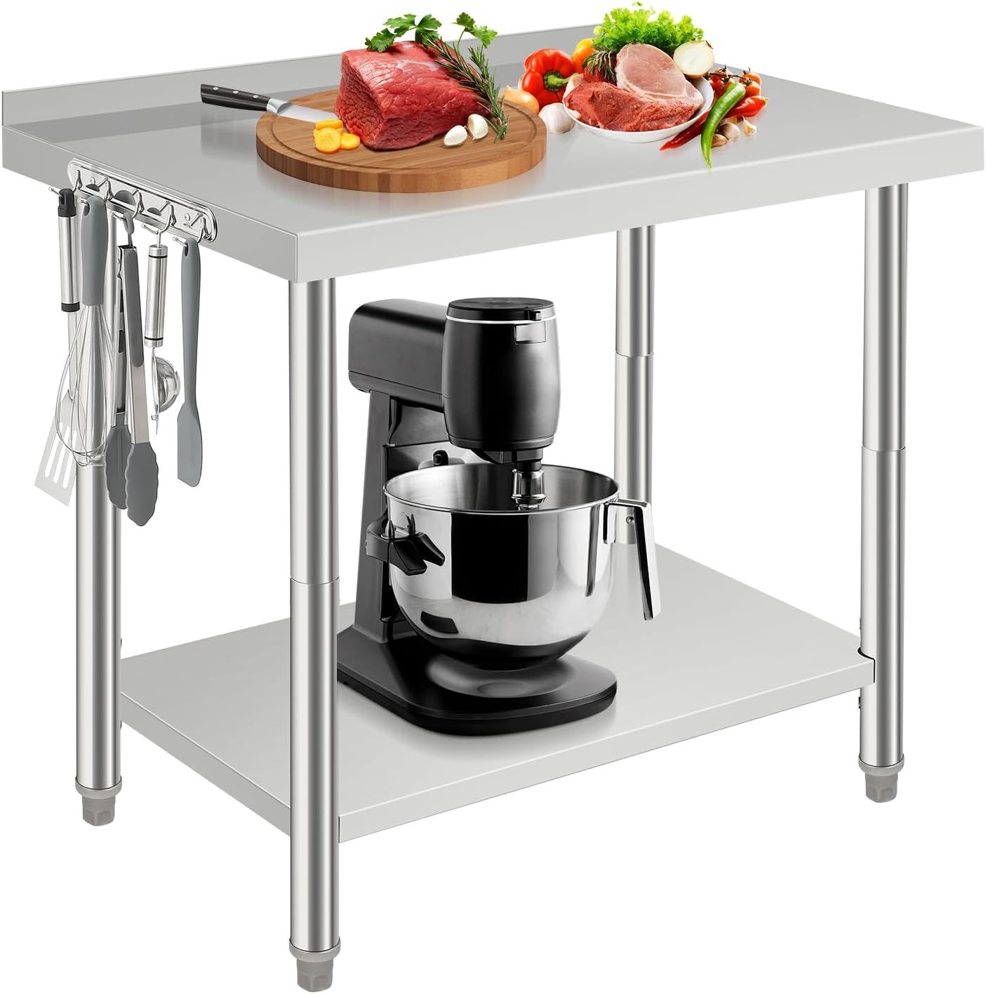 London Boutique Stainless Steel Prep Work Table, Commercial Table with Backsplash, Hooks and Adjustable Shelf, Flat Edge, 36 x 24 x 35 in