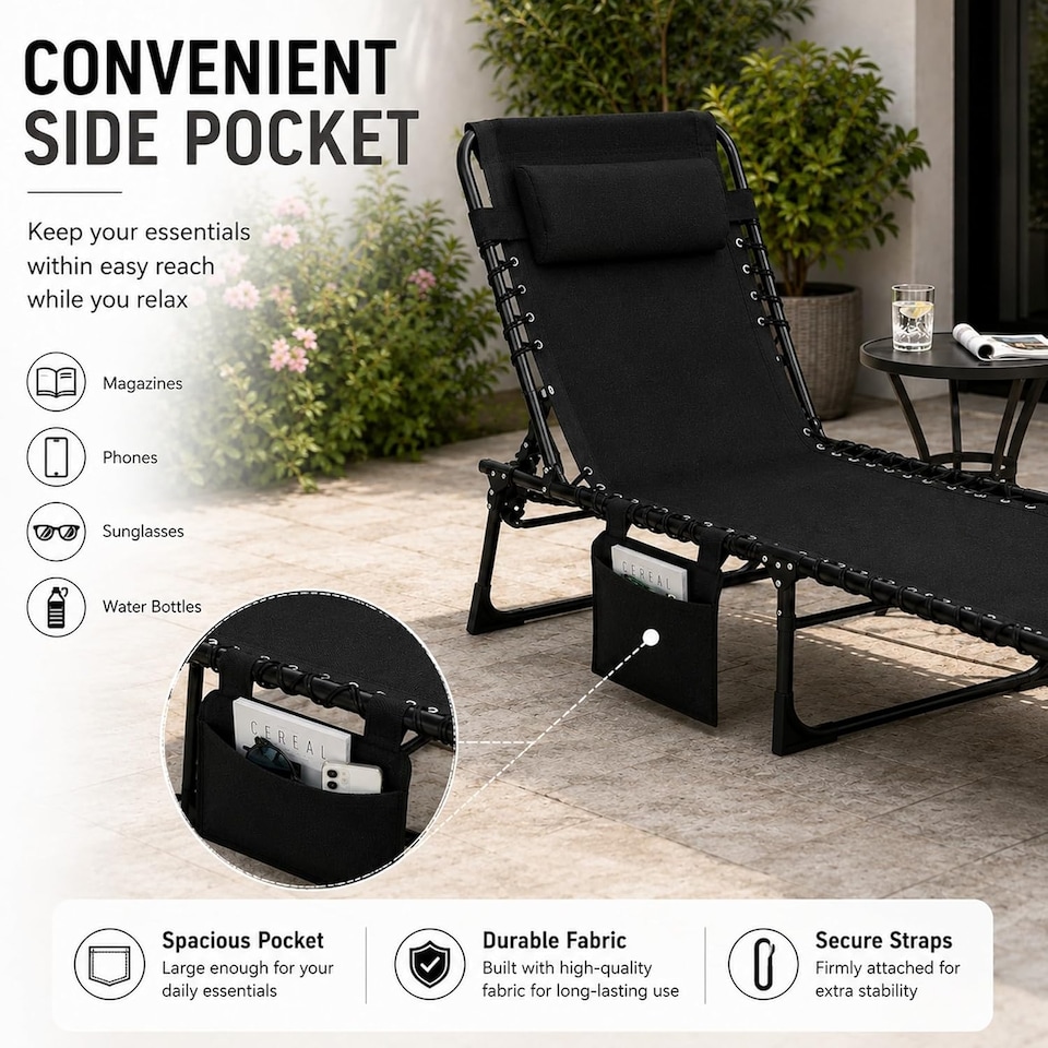 image 1 of Black Folding Sun Lounger with Adjustable Backrest - Portable Sunbed Chair, Steel Frame, Oxford Fabric, Garden Recliner Bed