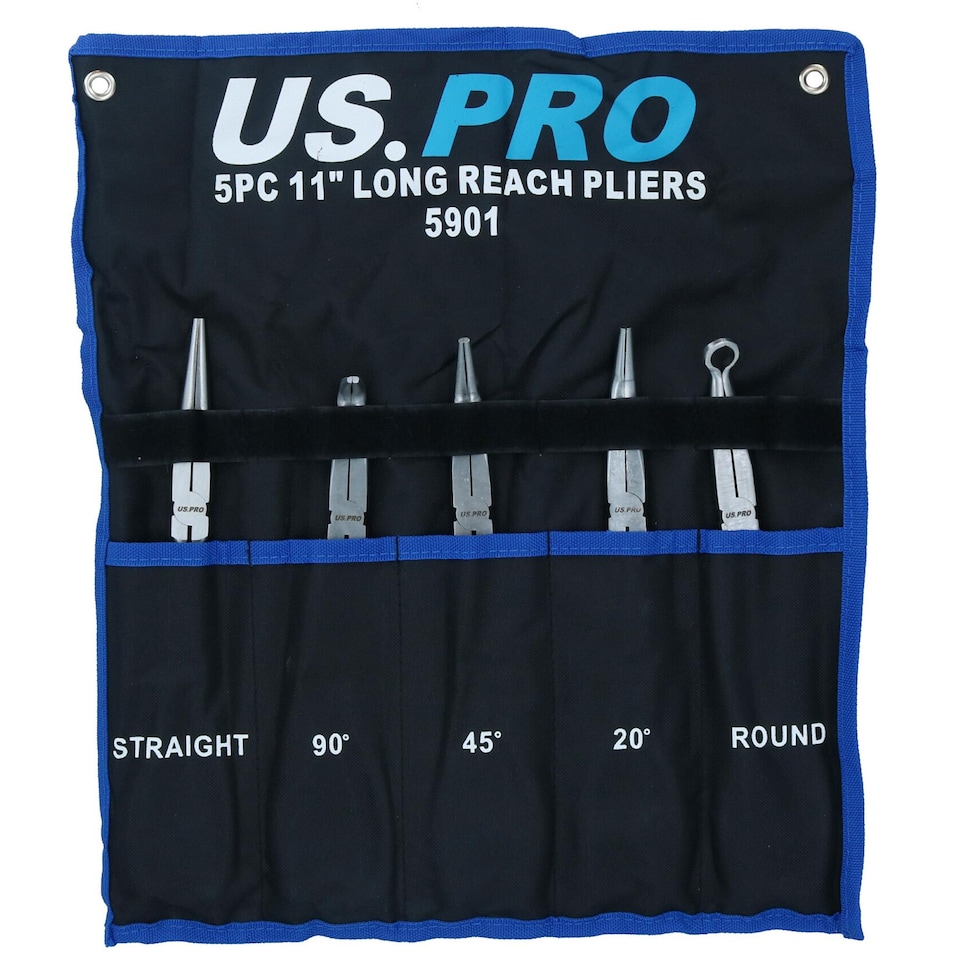 image 1 of Long Nose Pliers Set Long 11" / 275mm 5pc Straight Bent Angled Round Tipped