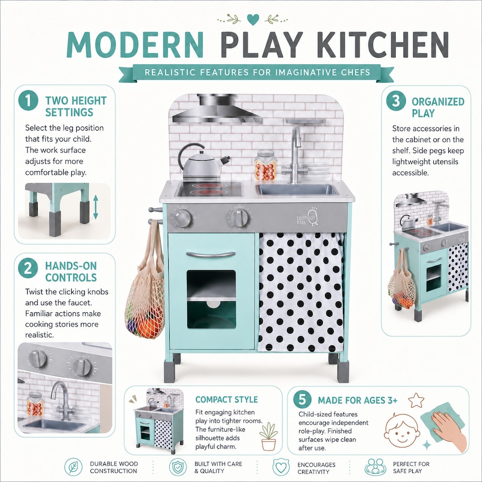 image 1 of Teamson Kids Wooden Play Kitchen, Adjustable Heights, Petrol, Little Chef Philly