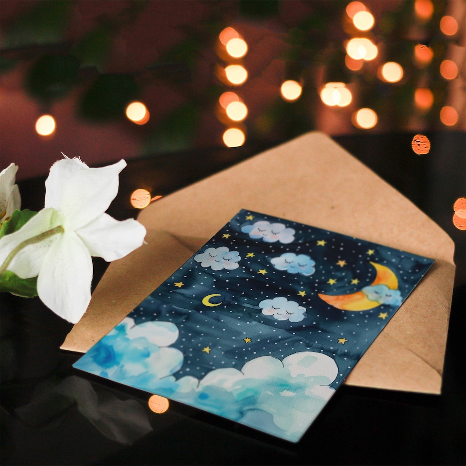 image 1 of Greeting Card Cute Night Sky Stars Moon and Sleeping Clouds Birthday