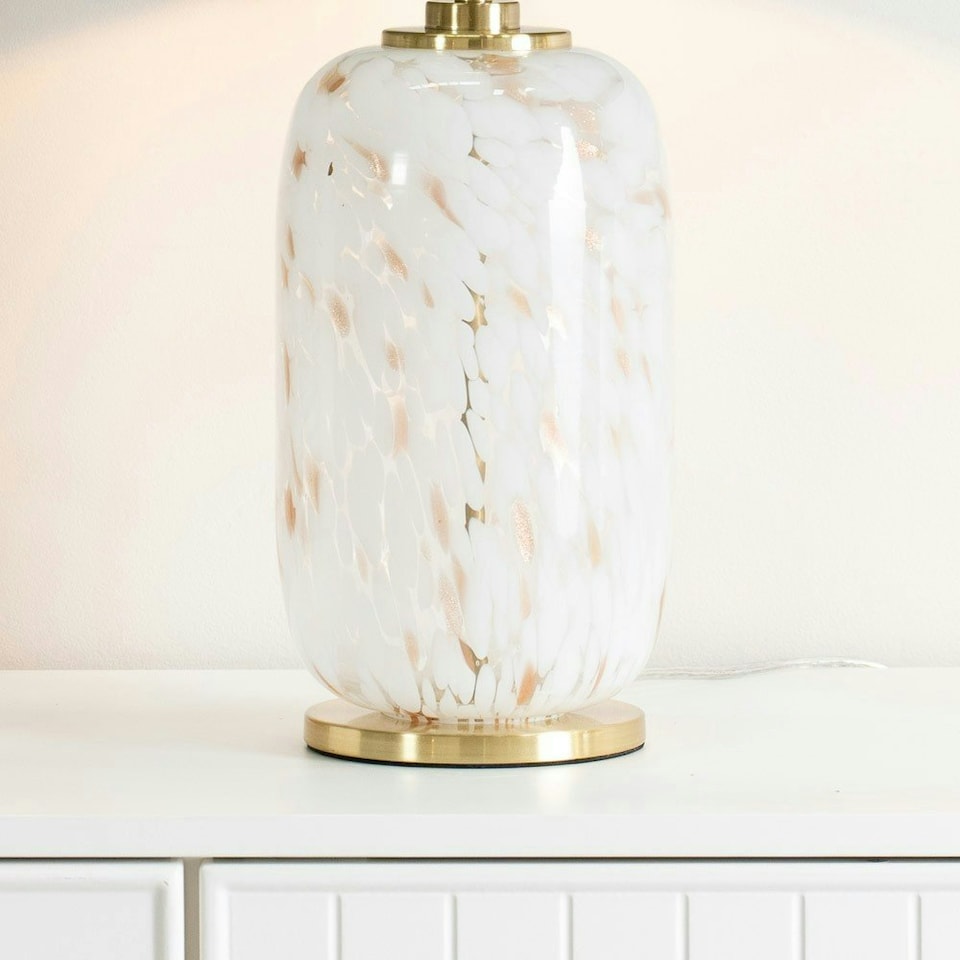 image 1 of ValueLights India Gold Metal and White Confetti Glass Table Lamp with Forest Green Drum Lampshade