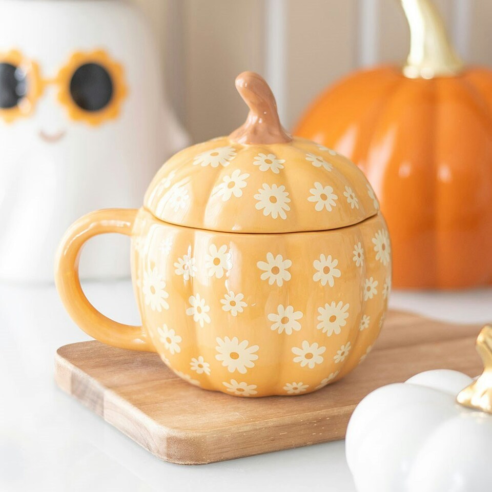 image 1 of Ceramic Groovy Floral Pumpkin Lidded Mug Orange