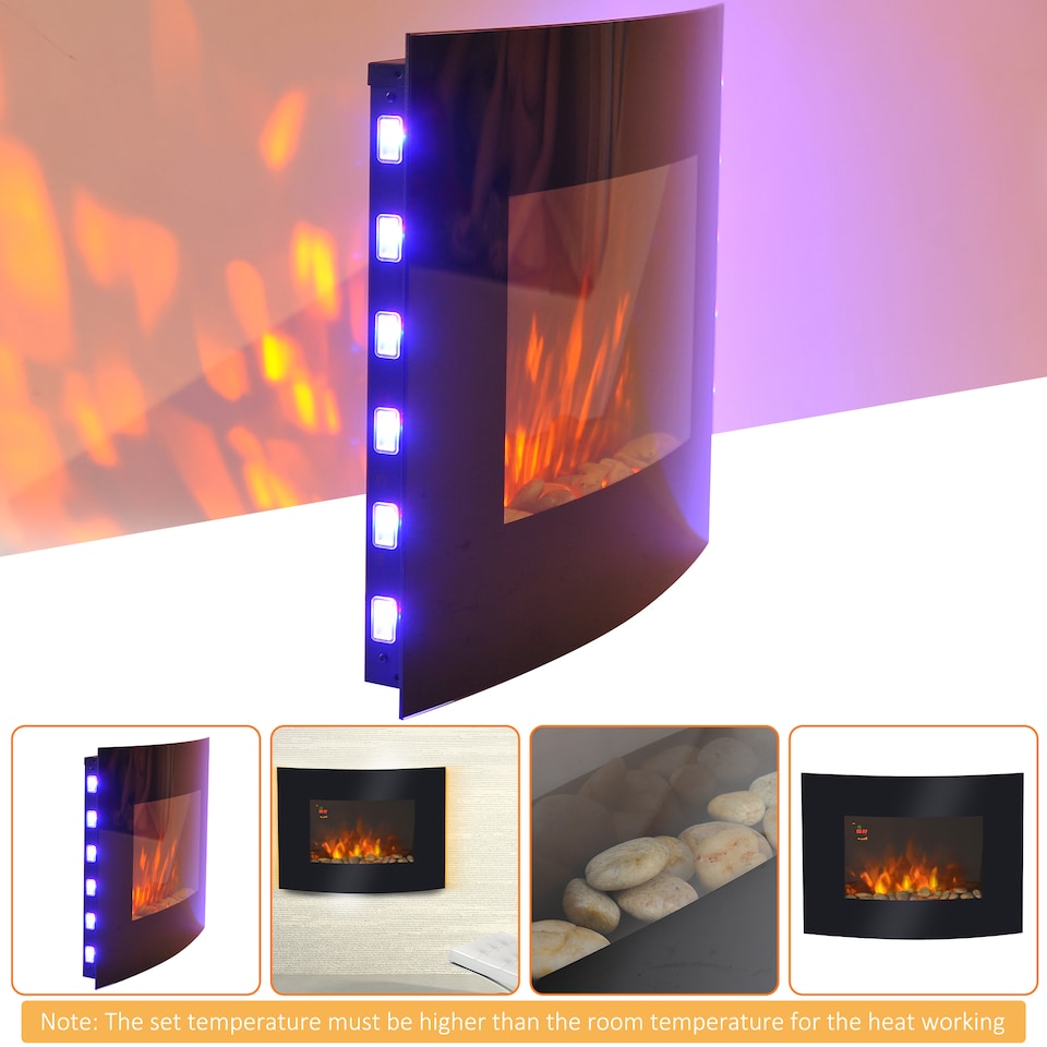image 1 of HOMCOM Led Curved Glass Electric Wall Mounted Fire Place Fireplace Heater