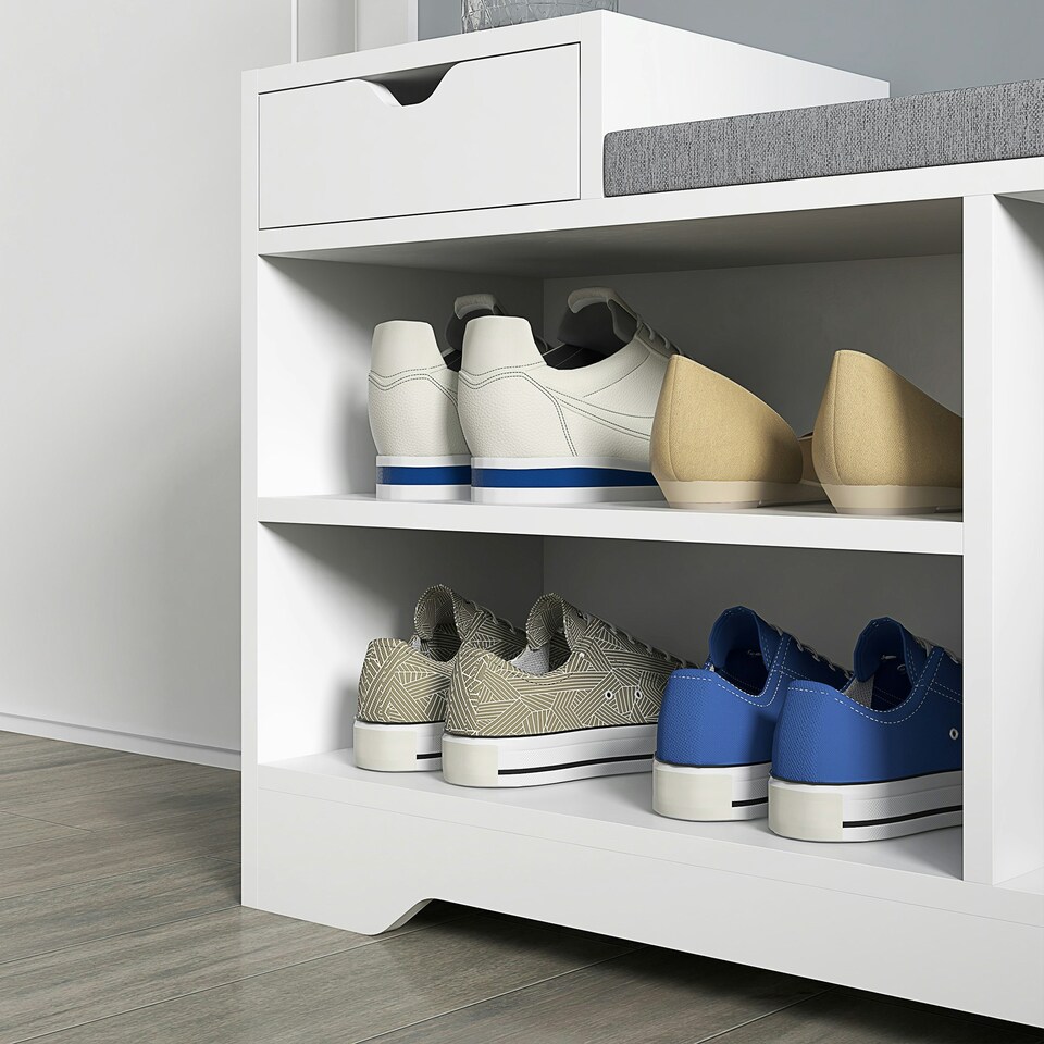 image 1 of HOMCOM Upholstered Entryway Shoe Bench with Storage Drawer Open Shelf White
