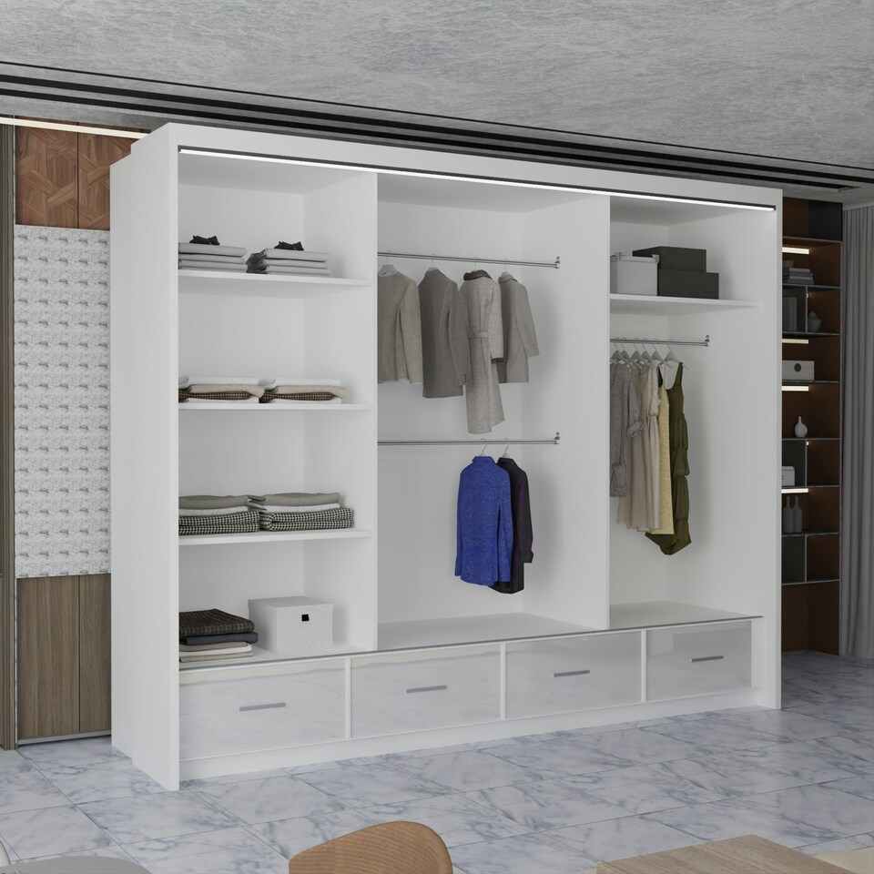 image 1 of Sleek High Gloss Sliding Wardrobe 255cm with Drawers | White/Black/Grey 3-Door Bedroom Storage White | White255cm