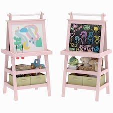 AIYAPLAY Art Easel for Kids with Paper Roll, 3 in 1 Kids Easel Double-Sided Magnetic Whiteboard and Chalkboard with Storage Baskets, for Children 3-6 Years | Pink | Pink