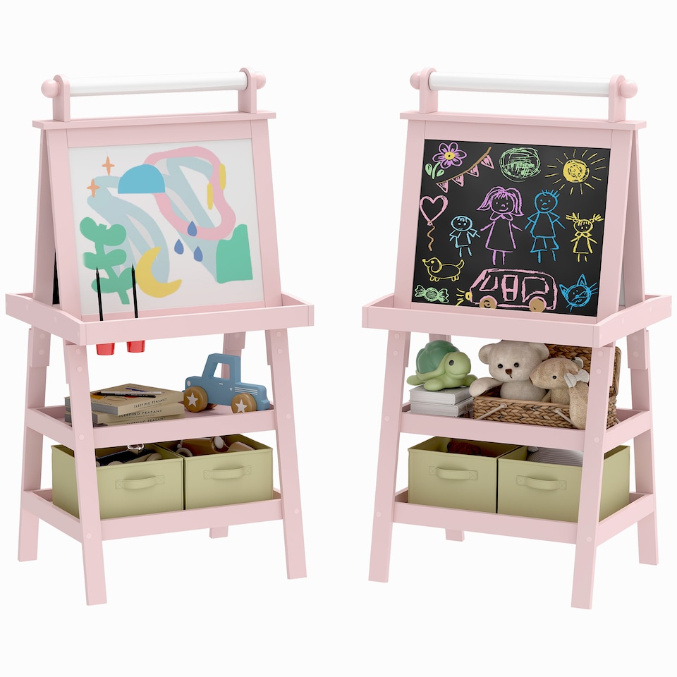 image 1 of AIYAPLAY Art Easel for Kids with Paper Roll, 3 in 1 Kids Easel Double-Sided Magnetic Whiteboard and Chalkboard with Storage Baskets, for Children 3-6 Years | Pink | Pink