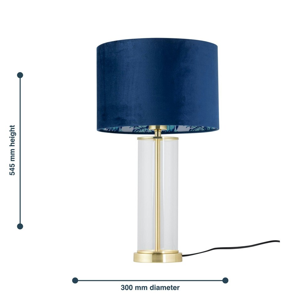image 1 of Aura - Satin Brass Table Lamp with Navy Velvet Parrot Shade Bronze | Blue