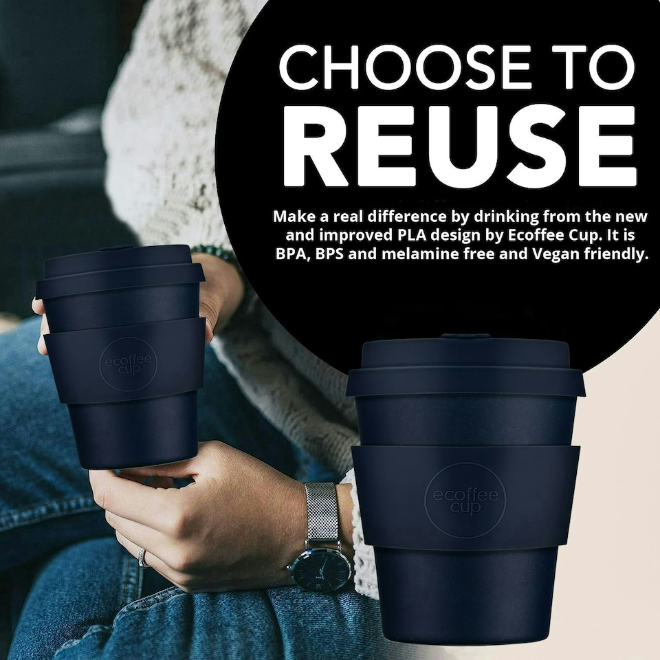 image 1 of Ecoffee Cup 8oz 240ml Reusable Eco-Friendly 100% Plant Based Coffee Cup with Silicone Lid & Sleeve - Melamine Free Travel Mug N/A | Dark Energy