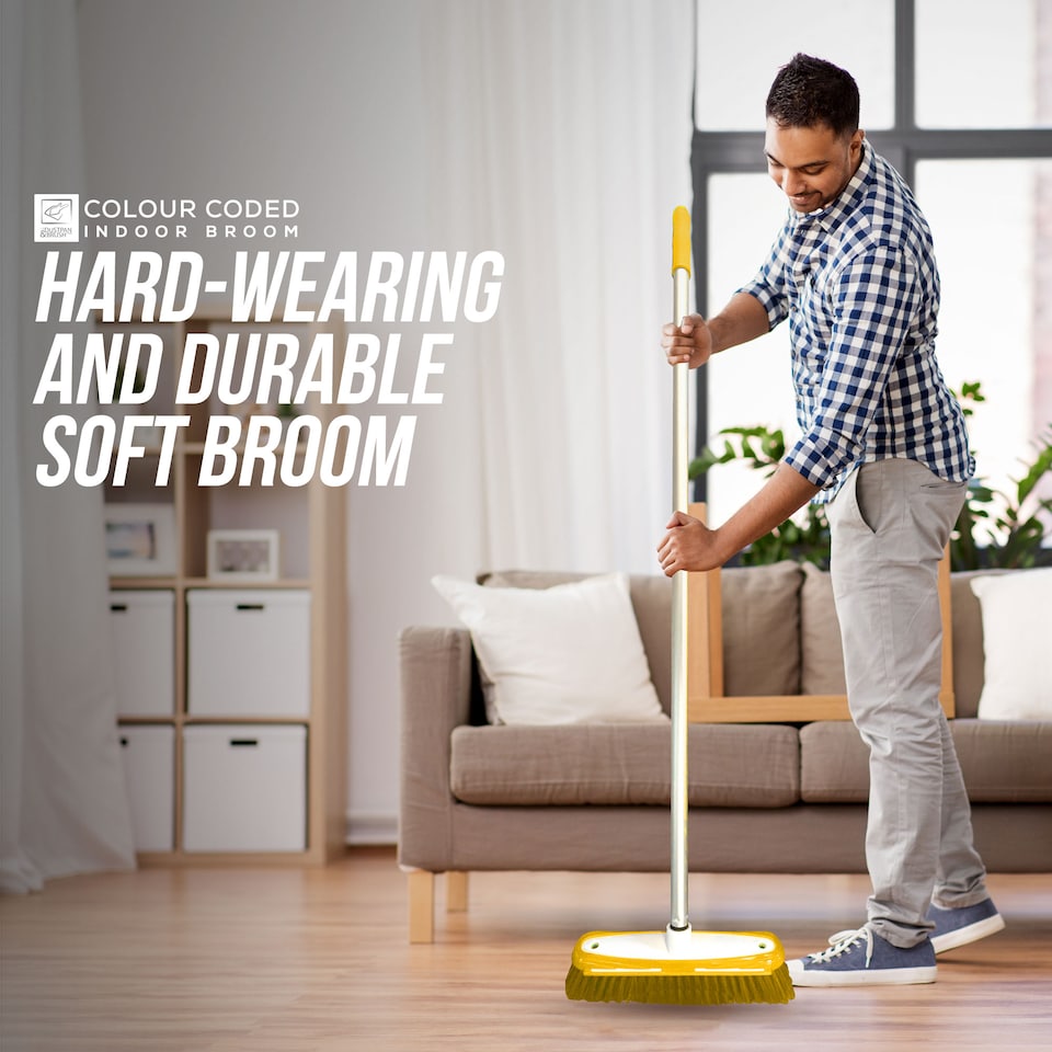 image 1 of TDBS Colour Coded Indoor Sweeping Broom with Scraper