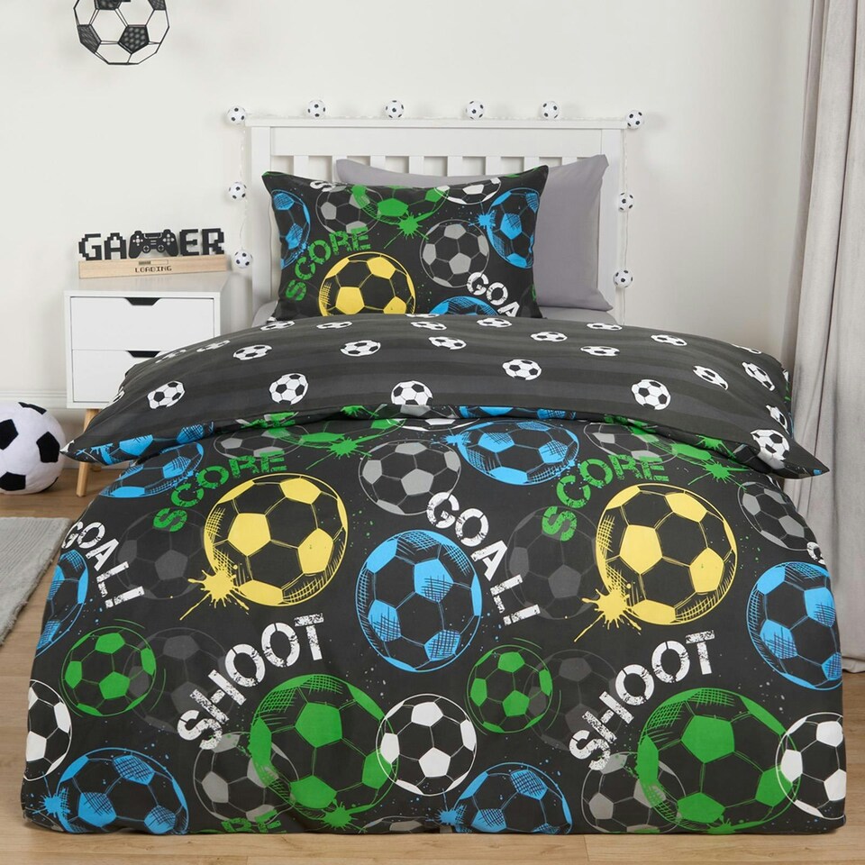 image 1 of OHS Kids Graphic Football Reversible Duvet Cover and Pillowcase Bedding Set, Double - Black
