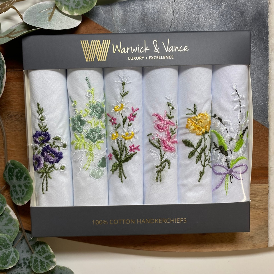 image 1 of Warwick & Vance Pack Of 6 Ladies White Handkerchiefs, Floral Embroidered Collection With Satin Stripe Borders
