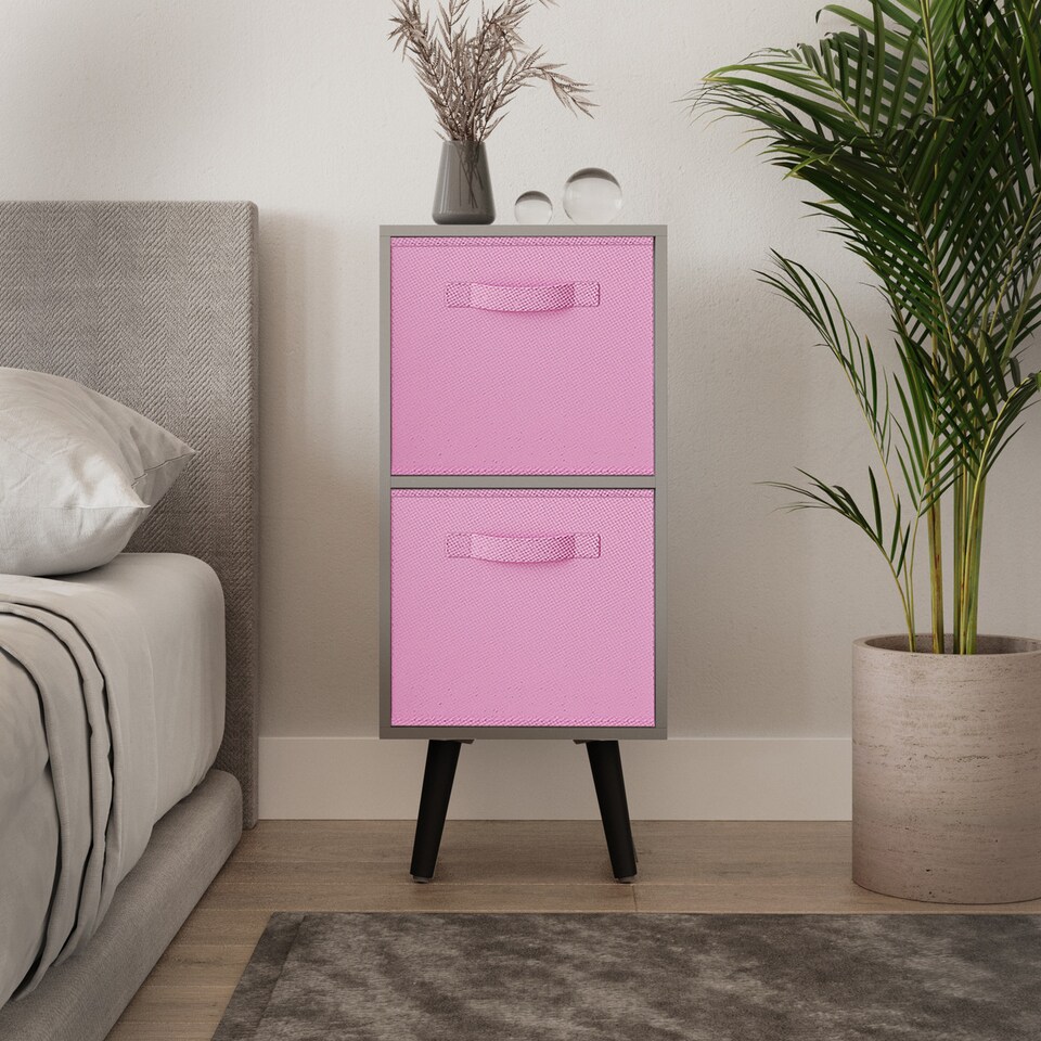 image 1 of Grey 2-Tier 2-Drawer Cube Shelving Unit with Scandinavian Legs | Pink | Light Pink & Black | 1