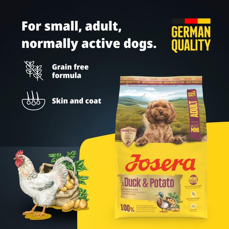image 1 of Josera Mini Adult Duck & Potato | Grain free | Single meat protein | Complete dry food for toy & small breed dogs | Immune Plus | Skin & Coat | 3x3kg