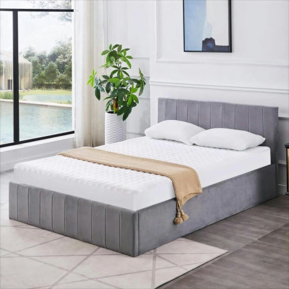 image 1 of Ottoman Storage Bed grey 3ft single and 1 mattress line pattern fabric velvet bedroom furniture