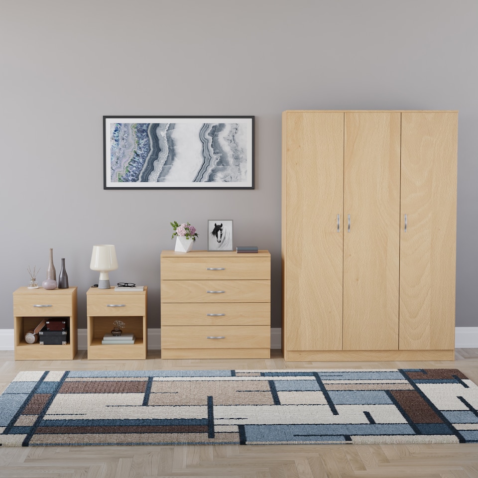 image 1 of Vida Designs Riano 4 Piece Bedroom Set (1 Drawer Bedside Chest, 4 Drawer Chest, 3 Door Wardrobe), Pine (6)
