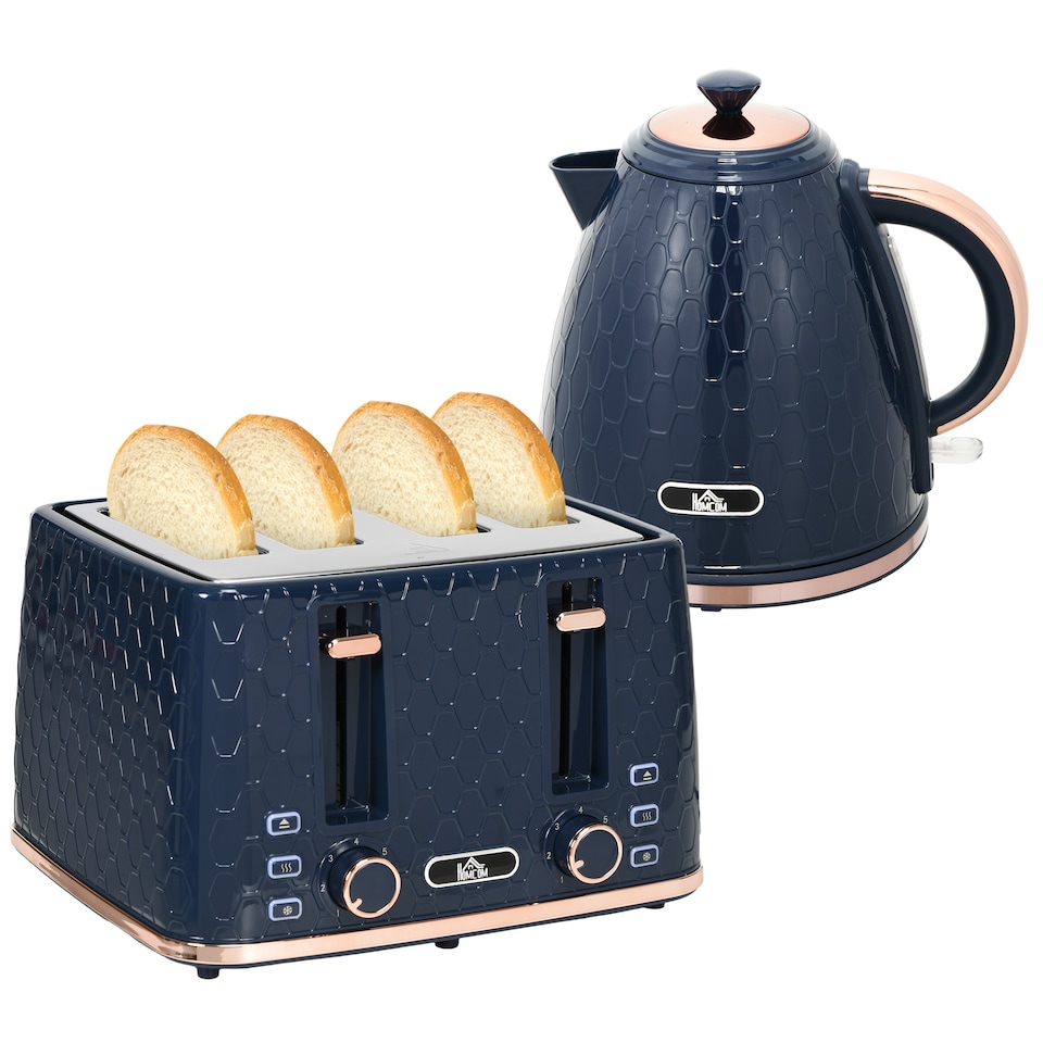 image 1 of HOMCOM Kettle and Toaster Set, 1.7L 3000W Fast Boil Jug Kettle with Auto Shut Off, 4 Slice Toaster with 7 Level Browning Controls & Crumb Tray, UK Otter Thermostat, Blue