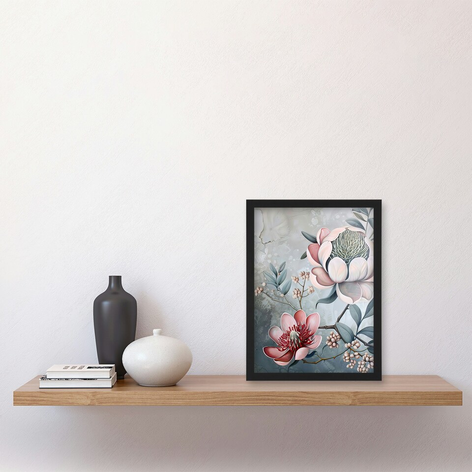 image 1 of Exotic Audubon Style Delicate Lotus Flowers Black Framed Wall Art Print A4