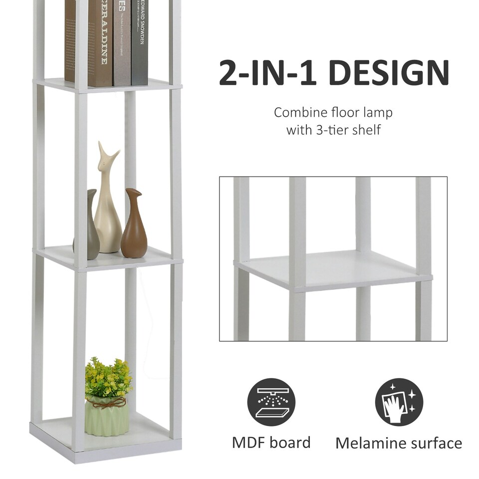 image 1 of HOMCOM Floor Lamp Reading Lamp with 3-Tier Storage Shelf for Home Office White