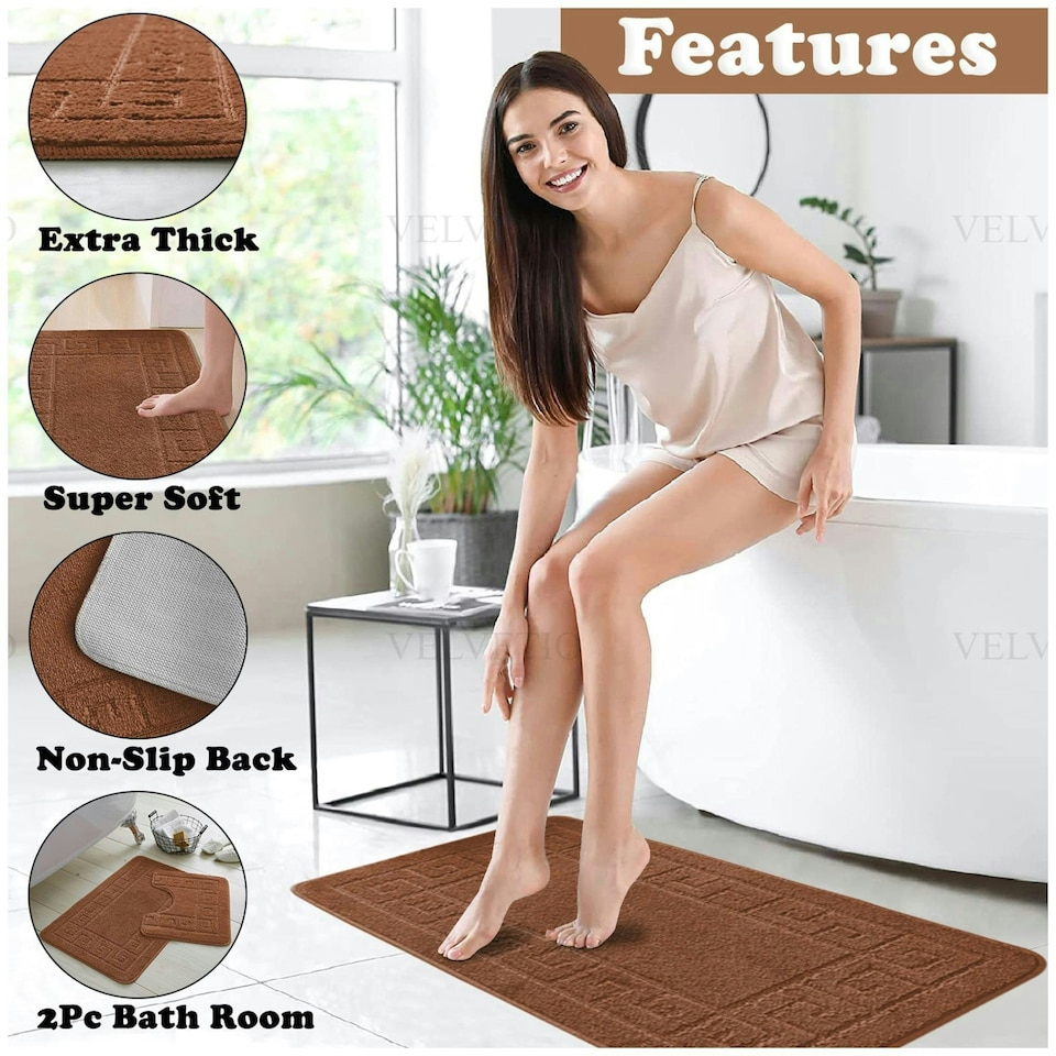 image 1 of VELVETIO Greek Bath Mat & Pedestal Mat Water Absorbent Non Slip Toilet Rugs Brown | Terracotta