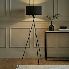 ValueLights Camden Tripod Gloss Black Floor Lamp with Large Black Drum Shade