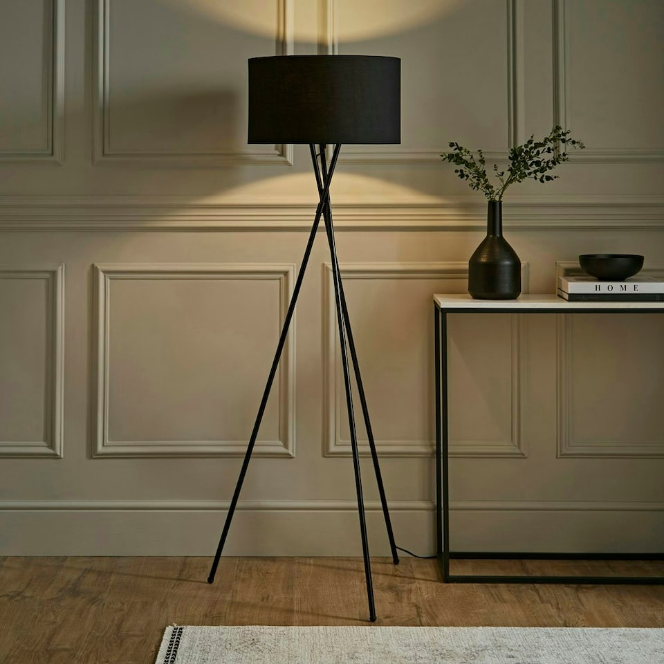 image 1 of ValueLights Camden Tripod Gloss Black Floor Lamp with Large Black Drum Shade