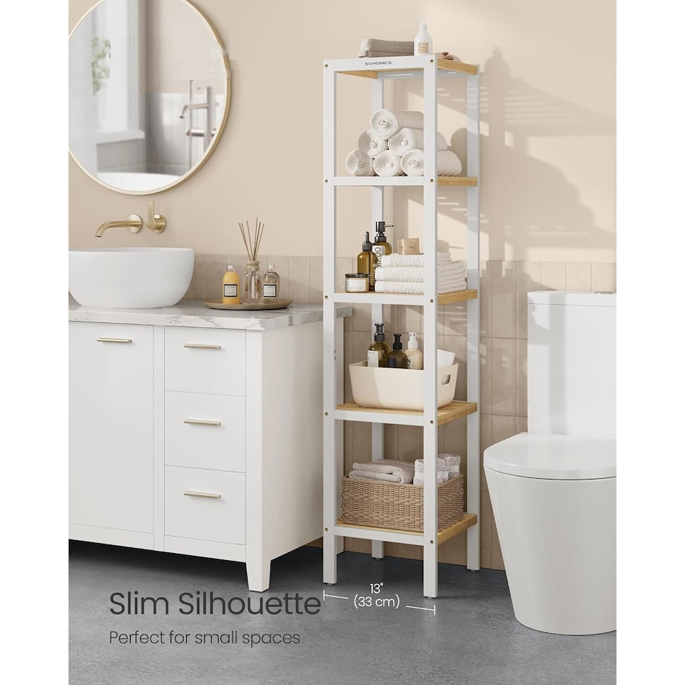 image 1 of Bamboo Freestanding Shelf, Five-Tier Corner Storage Unit for Kitchen, Room, Hallway, Cloud White and Natural Beige