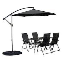 Outdoor 4 Person Rectangular Glass Top Garden Dining Table Chairs With Black Banana Parasol and Base