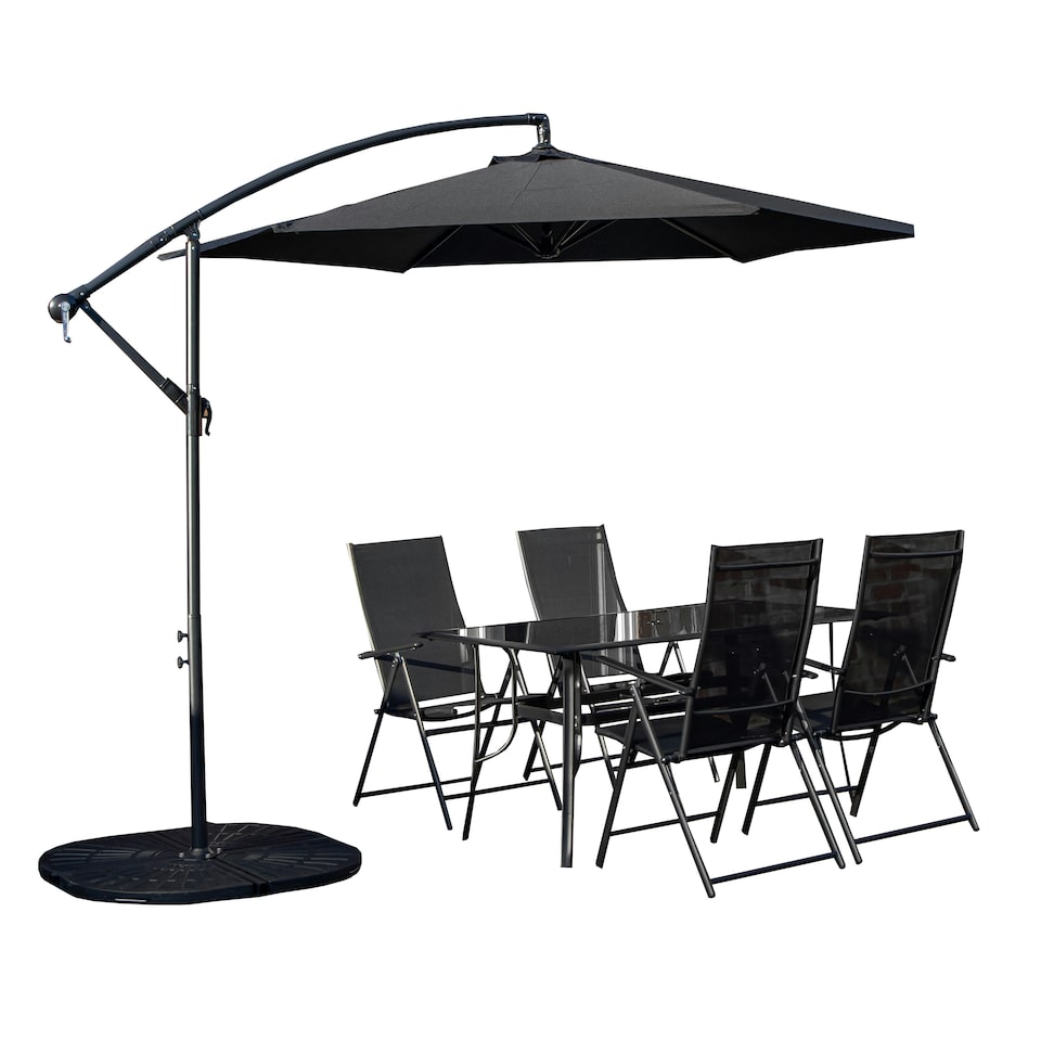image 1 of Outdoor 4 Person Rectangular Glass Top Garden Dining Table Chairs With Black Banana Parasol and Base