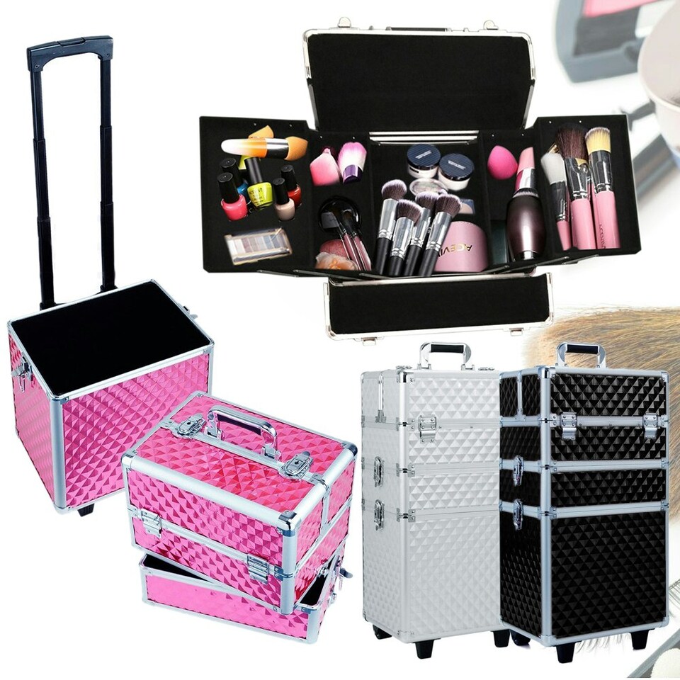 image 1 of Living and Home 3 in 1 Diamond Pattern Cosmetic Makeup Train Case | Black