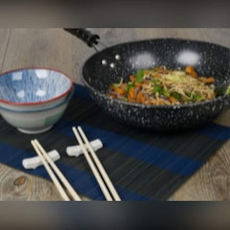 image 1 of 12 Black Marble Carbon Steel Induction Wok Non Stick Frying Pan - 30cm