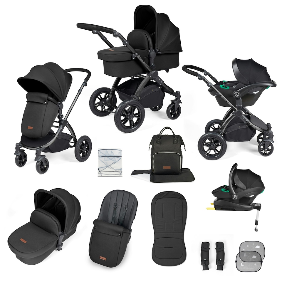 image 1 of Stomp Luxe 12pc Travel System with Stratus i-Size Car Seat & ISOFIX Base, Carrycot, Reversible Seat, Rain Cover & More (Black/Midnight/Black)