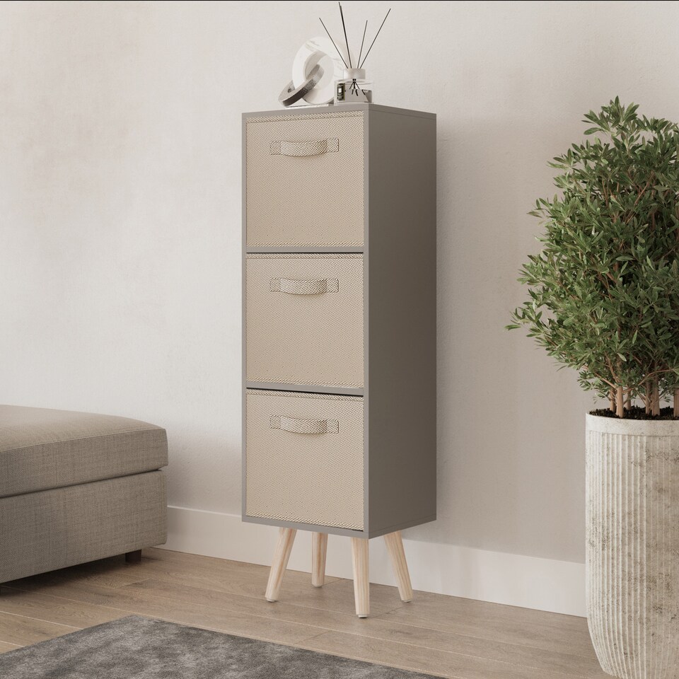 image 1 of Grey 3-Tier 3-Drawer Cube Shelving Unit with Scandinavian Legs | Cream | Beige & Pine | 1