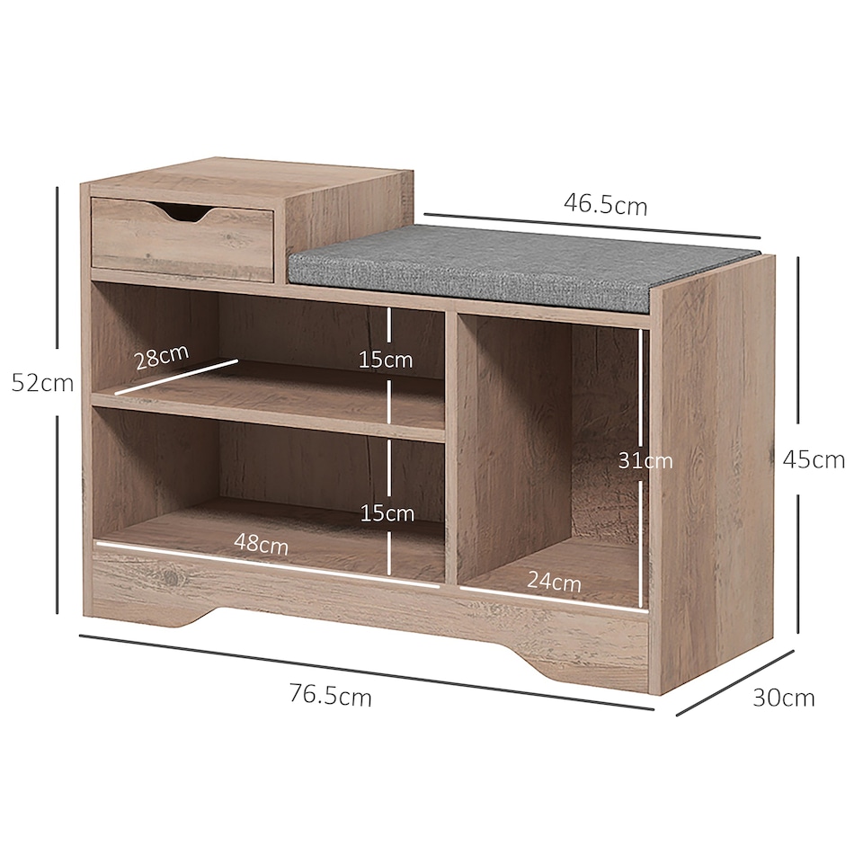 image 1 of HOMCOM Shoe Storage Bench, Shoe Rack Bench with Seating Cushion, Drawer, 3 Open Compartments and Table Top for Entryway, Hallway, Distressed Grey